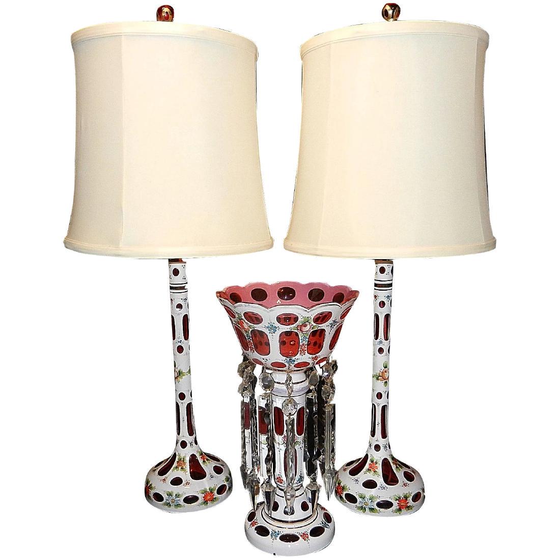Bohemian Cranberry Glass Electric Lamps & Candlestick: This beautiful pair of Bohemian Candlestick White Cased Cranberry Glass Electric Lamps was produced in 1935 based upon the finial with the patent number of 2059314. EXCELLENT CONDITION- NO chips, crac