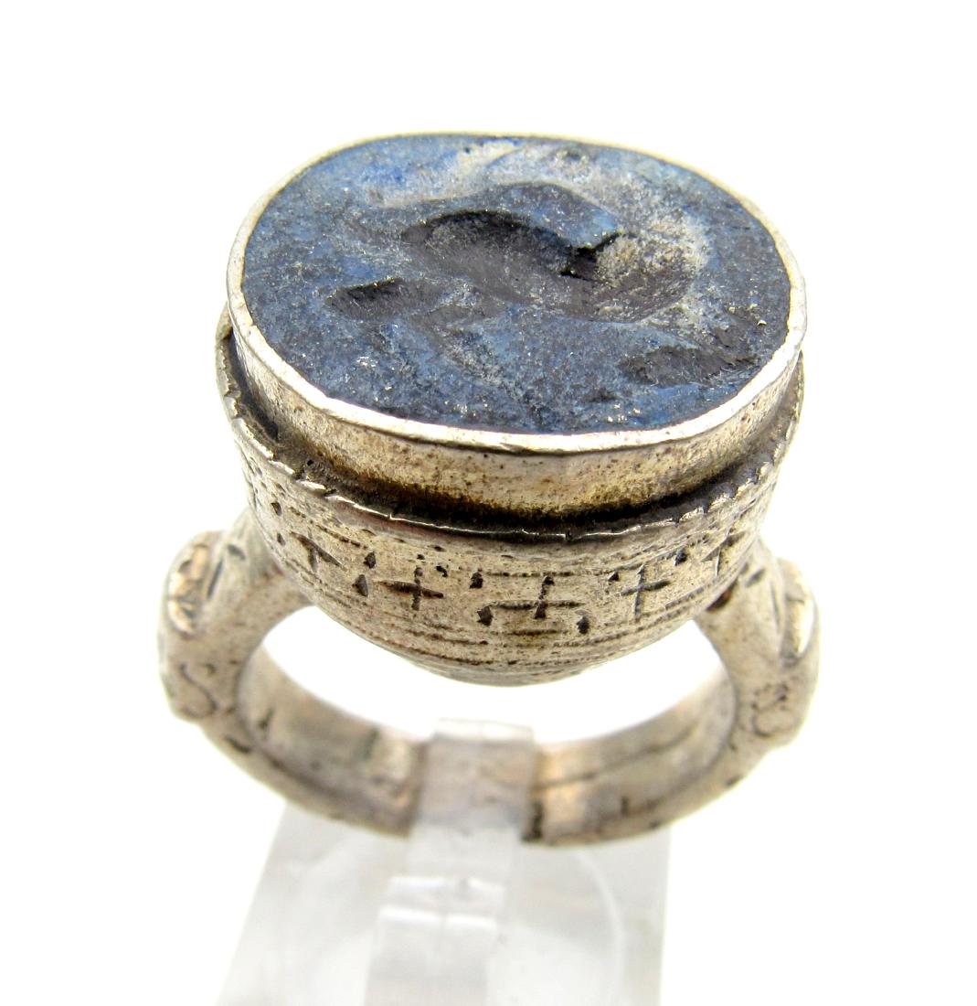 Post Medieval Middle Eastern Silver Alloy Ring Lapis (1 of 4)
