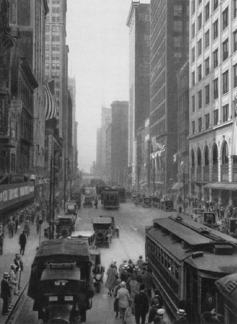 E.O. HOPPE - Chicago, State Street: Artist: E.O. Hoppe Title: Chicago, State Street Medium: 1927 Sheet Fed Gravure, Germany Dimensions: 6.25x8.5" Heat Mounted on 12x16" archival conservation board Emil Otto Hoppe (1878-1972) was a Germa