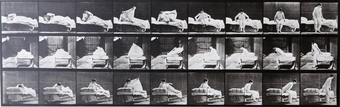 EADWEARD MUYBRIDGE - Woman getting out of bed: Artist: Eadweard Muybridge Title: Woman getting out of bed AL265 Date Printed: 1979 Medium: HelioGravure Printer: Electa Italy Printer Location: Milan 36.x11.5 cm - 14.2x 4.5 inch With tissue guard Mo
