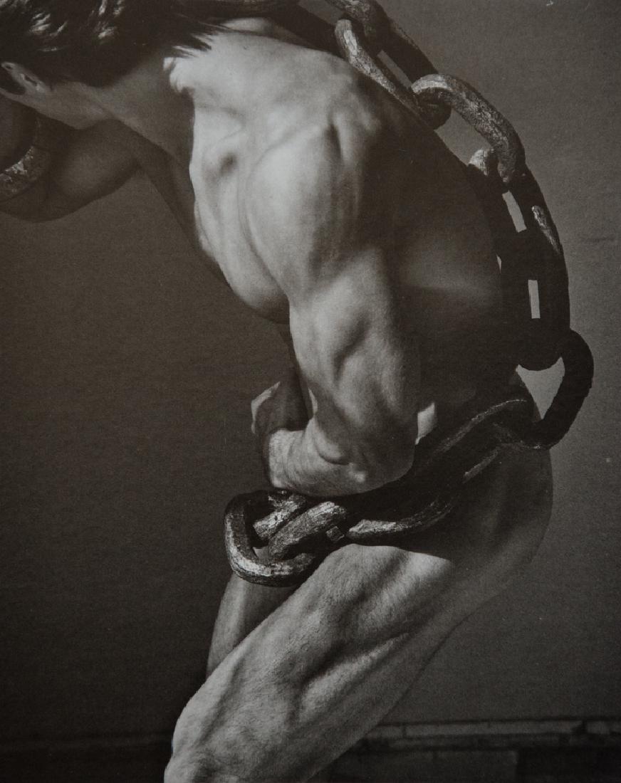 HERB RITTS - Nude, Man with Chain: Artist: Herb Ritts Title: Nude, Man with Chain1987 Photo Litho, US Dimensions: 7x8.5" Heat Mounted on 11x14" archival conservation board Herb Ritts (1952-2002) was an American fashion photographer who