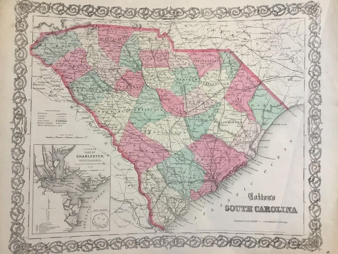 Colton: Antique Map of South Carolina, 1871: Title/Content of Map: South Carolina by Colton Date Printed: 1871 Cartographer: G.W. Colton Size: 14" x 17" Material/Medium: Paper Provenance: New York Published in New York. Hand colored lithograph.