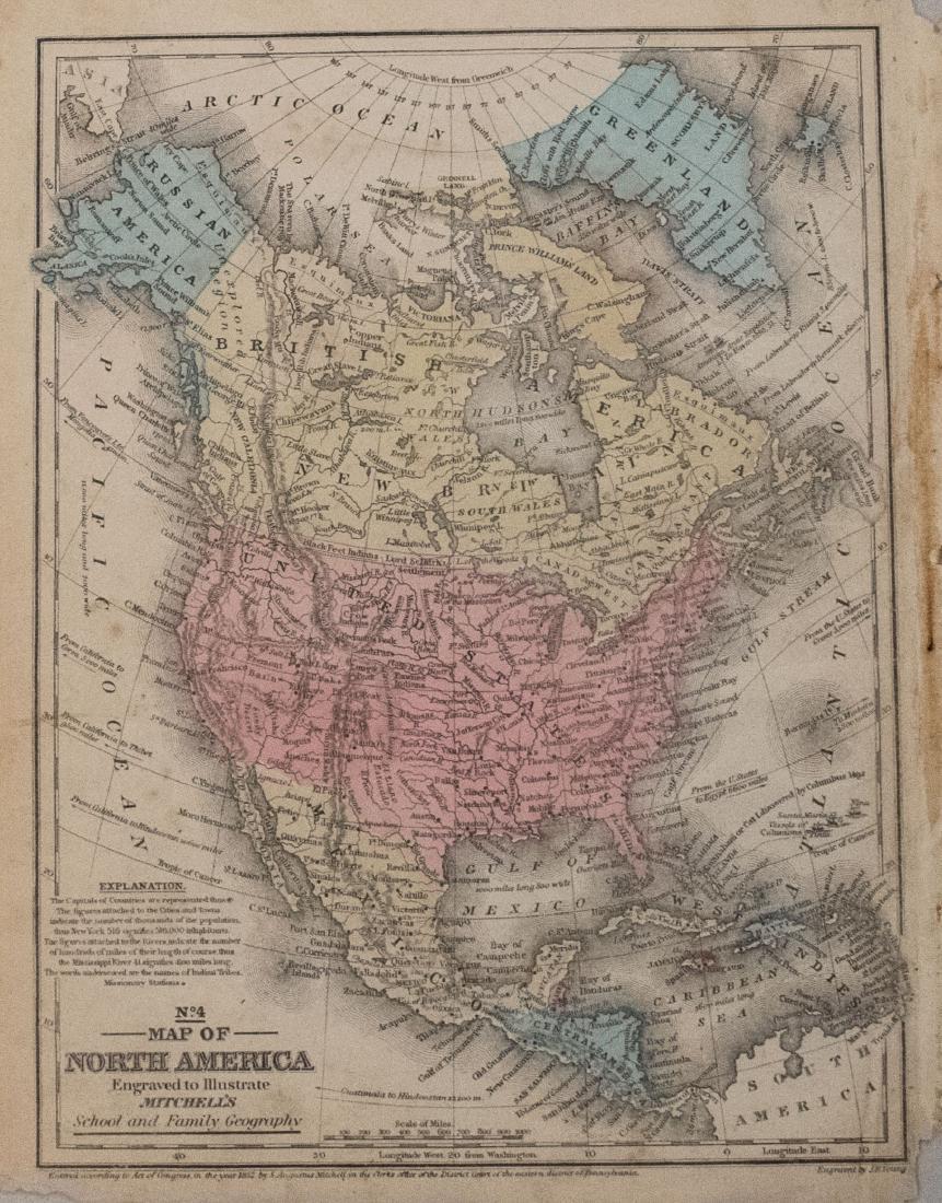 Mitchell: Antique Map of North & Central America, 1852: Title/Content of Map: 1852 Mitchell Map of North and Central America -- Map of North America Date Printed: 1852, Philadelphia Cartographer: S Mitchell Size: 10.6 x 8 in. A very nice map of North Ameri