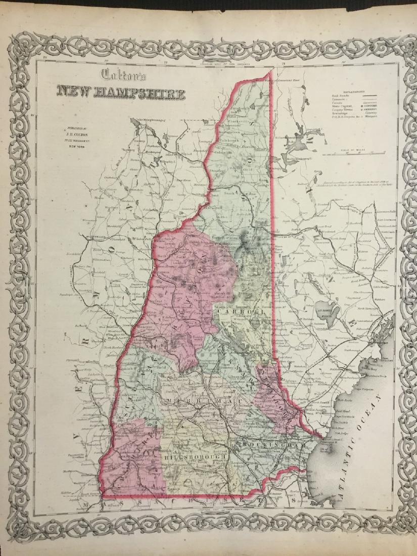 Colton: Antique Map of New Hampshire, 1861: Title/Content of Map: New Hampshire by Colton Date Printed: 1861 Cartographer: J.H. Colton Size: 14" x 17" Material/Medium: Paper Provenance: New York From 'Colton's General Atlas'. Hand colored steel