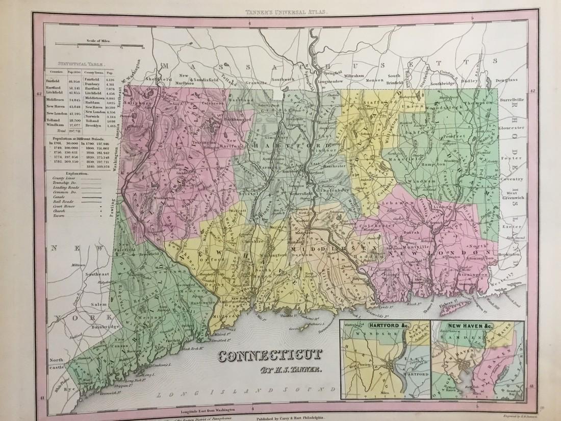 Tanner: Antique Map of Connecticut, 1843: Title/Content of Map: Connecticut by Tanner Date Printed: 1843 Cartographer: based on the work of H.C. Tanner Size: 17" x 14" Material/Medium: Paper Provenance: New York Hand colored engraved Map. Fro