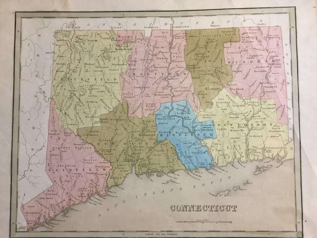 Bradford: Antique Map of Connecticut, 1838: Title/Content of Map: Connecticut by Bradford Date Printed: 1838 Cartographer: Thomas G. Bradford Size: 14" x17" Material/Medium: Paper Provenance: New York A General Atlas of the World with a separat