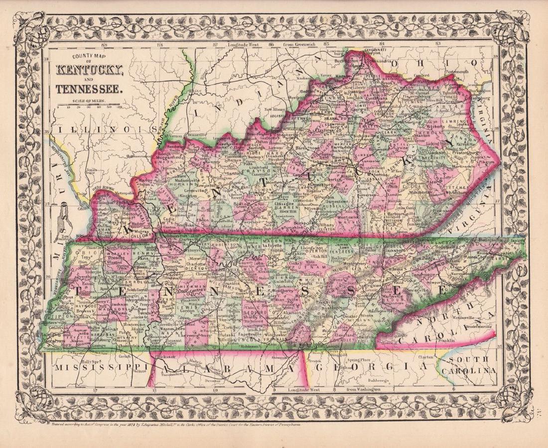 Mitchell: County Map of Kentucky & Tennessee, 1870: Title/Content of Map: County Map of Kentucky and Tennessee Cartographer: S. A. Mitchell Place & Date: Philadelphia / 1870 Size: 13 3/8" x 9 3/4" Condition: full color; light overall age toning; slight