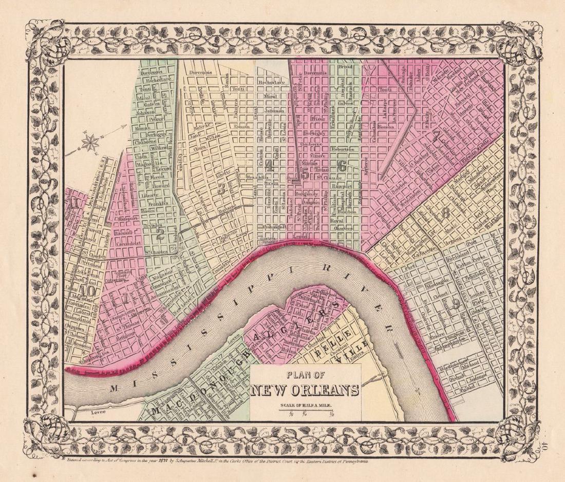 Mitchell: Antique Plan of New Orleans, 1870: Title/Content of Map: Plan of New Orleans Cartographer: S. A. Mitchell Place & Date: Philadelphia / 1870 Size: 10 7/8" x 9 1/2" Condition: full color; light overall age toning; minor spotting in wide 