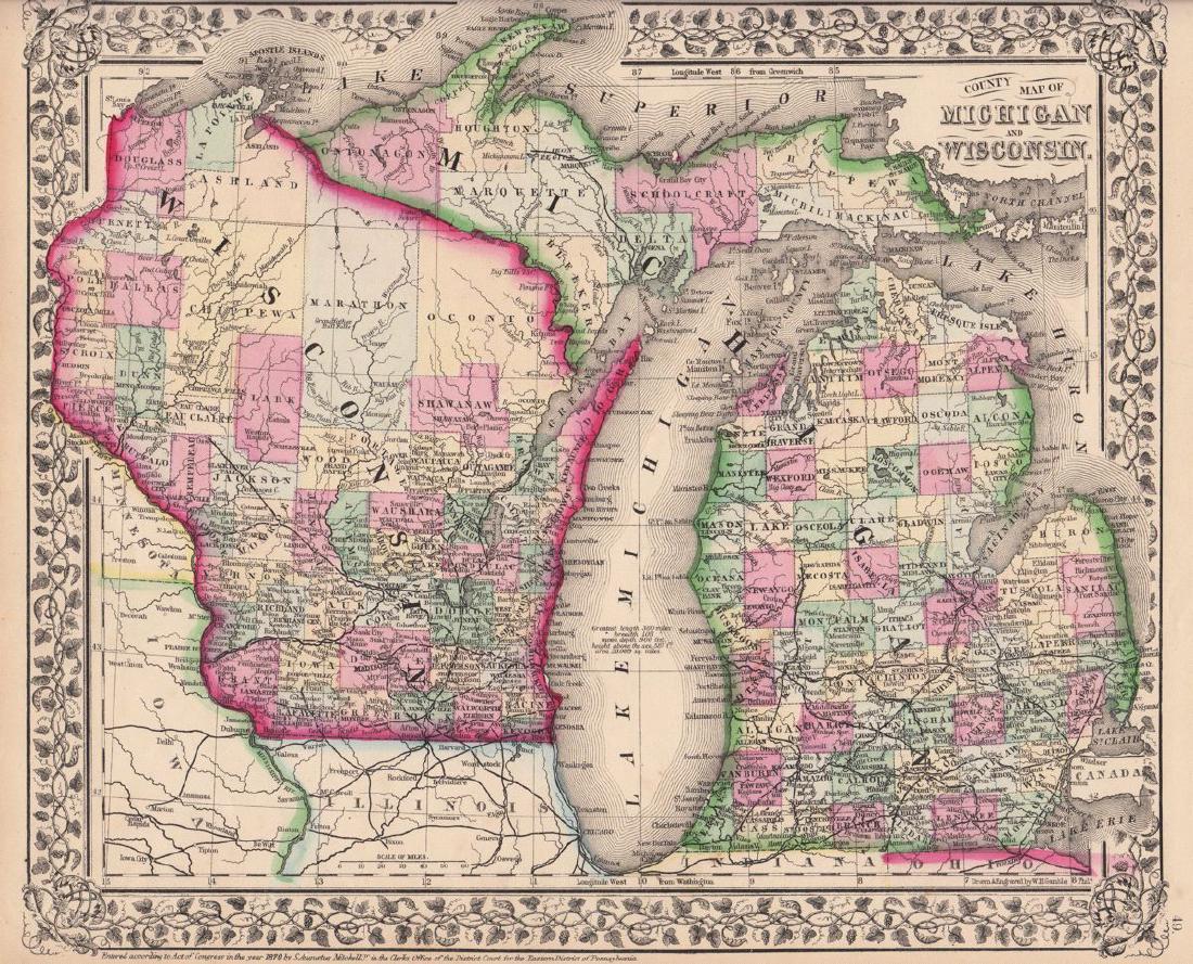 Mitchell: Antique Map of Michigan & Wisconsin, 1870 (1 of 1)