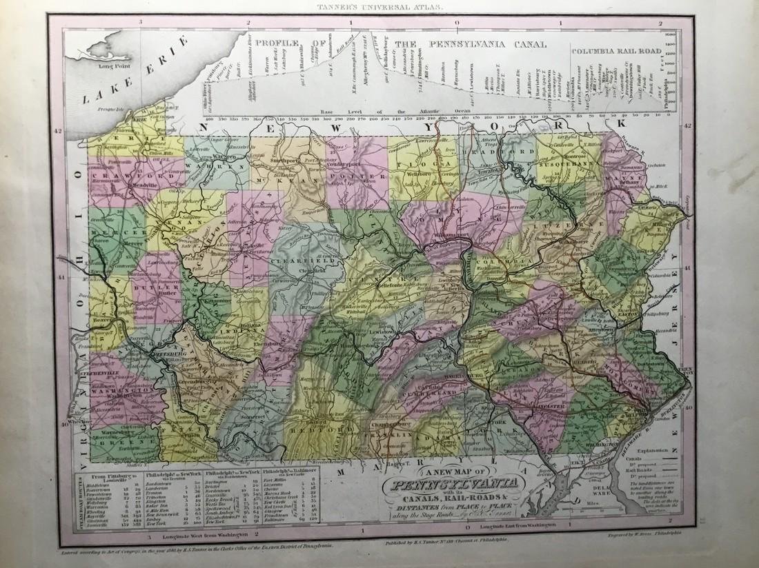 Tanner: Antique Map of Pennsylvania, 1843: Title/Content of Map: Pennsylvania by Tanner Date Printed: 1843 Cartographer: based on the work of H.C. Tanner Size: 17" x 14" Material/Medium: Paper Provenance: New York Hand colored engraved Map. Fr