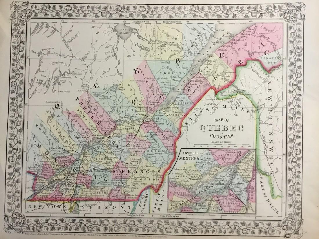 Mitchell: Antique Map of Quebec, 1869: Title/Content of Map: Quebec by Mitchell Date Printed: 1869 Cartographer: Augustus S. Mitchell Size: 14" x 16" Material/Medium: Paper Provenance: New York Published in Philadelphia in 'Mitchell's New 