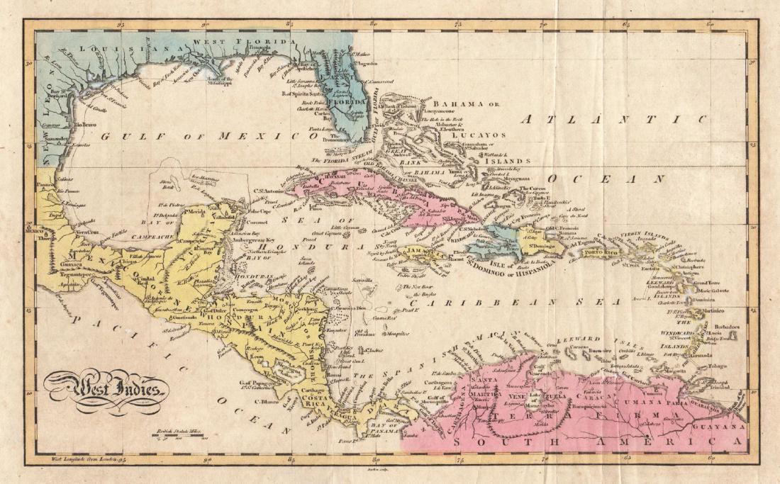 Russel: Antique Map of West Indies/Gulf of Mexico, 1796: Title/Content of Map: West Indies. Cartographer: J. Russel Place & Date: London / 1796 Size: 12 1/2" x 7 3/4" Condition: wash color; overall age toning; minor paper creases A nicely detailed map of th
