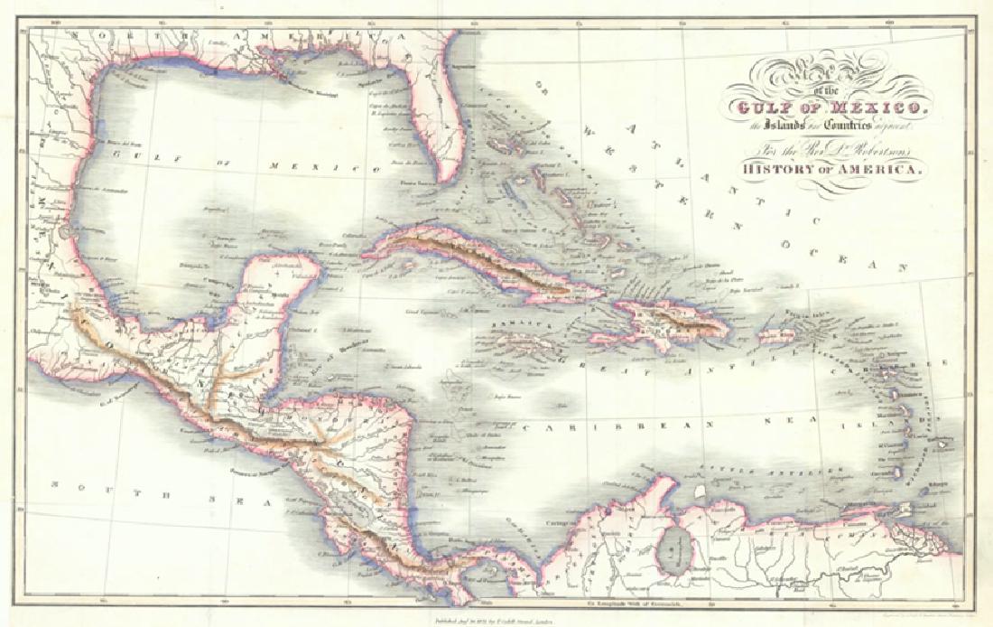Cross: Antique Map of the Gulf of Mexico, 1821: Title/Content of Map: Map of the Gulf of Mexico, the Islands and Countries Adjacent. Date Printed: 1821-08-16 Cartographer: CROSS, J. after T. KITCHIN Size: 10.6X17.5 Modern coloring."For the Rev. Dr.