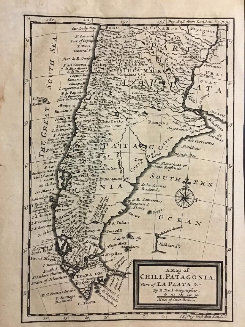Moll: Antique Map of Patagonia Chile & Argentina: Title/Content of Map: Patagonia Chile & Argentina by Moll Date Printed: c1756 Cartographer: Thomas Salmon & Herman Moll Size: 14 1/2 x 8” Material/Medium: Paper Provenance: New York Published in Lon