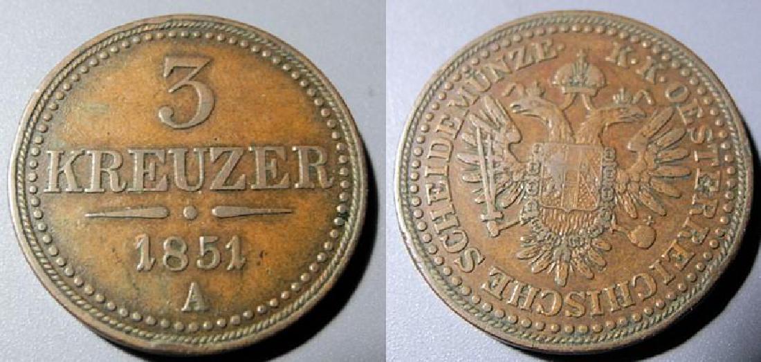 Austria 1851-A bronze 3 kreuzer Franz Josef 1848-1916 (1 of 1)