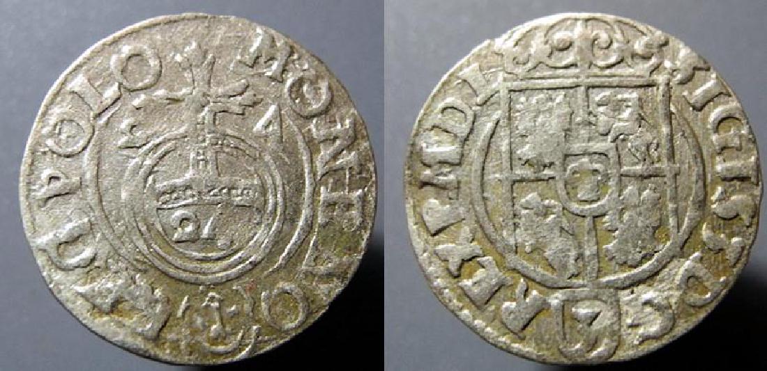 Poland Sigismund III Vasa 1587-1632 AD AR 1/24th 1625: Poland, Sigismund III Vasa, 1587-1632 AD, AR 1/24th taler, 1625 1625 Poland silver 19mm 19.4mm, 0.95 grams Interesting thin medieval silver coin. The thinness of the planchet reminds me of the Hungari