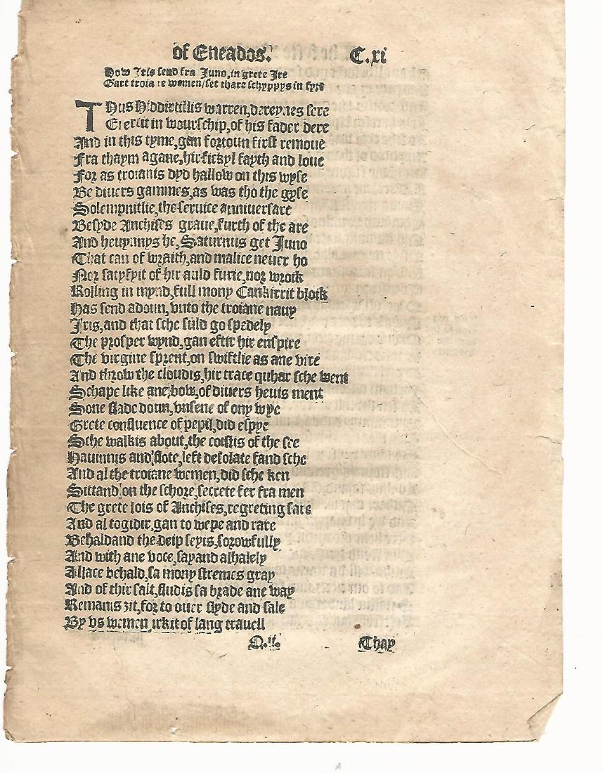 1553 English Leaf Virgil Aeneid: 1553 Leaf from Virgil’s “The xiii Bukes of Eneados…” (The Aeneid), englished by Gavin Douglas, printed at London, Folio cxi from the “fyfte booke”. Fine. Measures 6 x 8.5”. Please note t