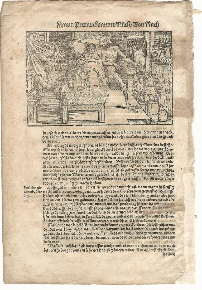 1559 Woodcut Leaf Petrarch: 1559 Woodcut leaf (folio CCXVII) from the writings of Petrarch, printed at Frankfurt by Christian Erben. Very Good, repair along margin. Measures 8 x 12”. Please note that this lot has a confidentia