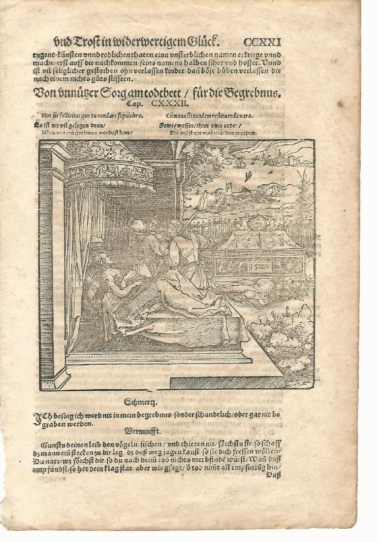 1559 Leaf Petrarch w/ Woodcut: 1559 Woodcut leaf (folio CCXXI) from the writings of Petrarch, printed at Frankfurt by Christian Erben. Very Good. Measures 8 x 12”. Please note that this lot has a confidential reserve. When you le