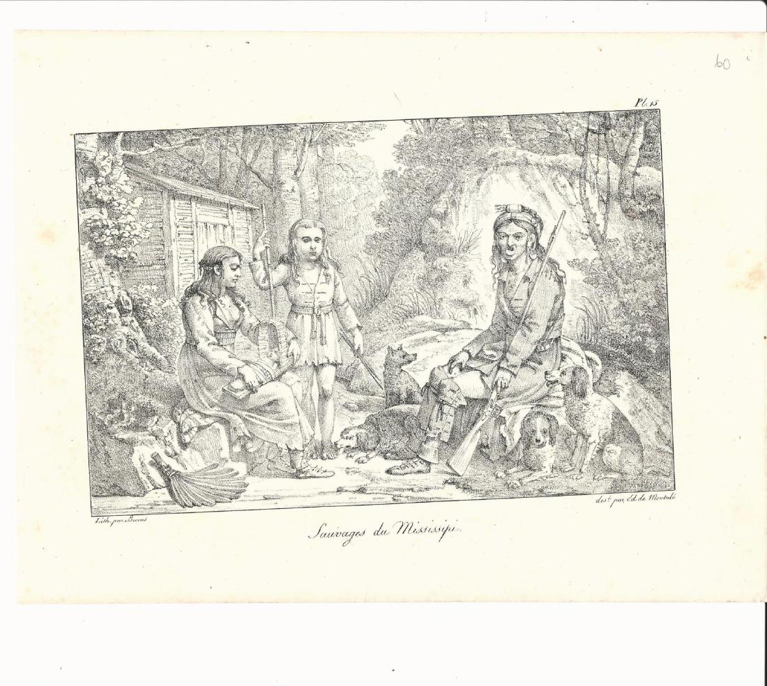1821 Montule Engraving Sauvages du Mississippi: Lithographic print showing the “Sauvages” du Mississippi by Eduard de Montule, 1821. Printed at Paris. Fine, measures 12 x 9.25”. Please note that this lot has a confidential reserve. When you l