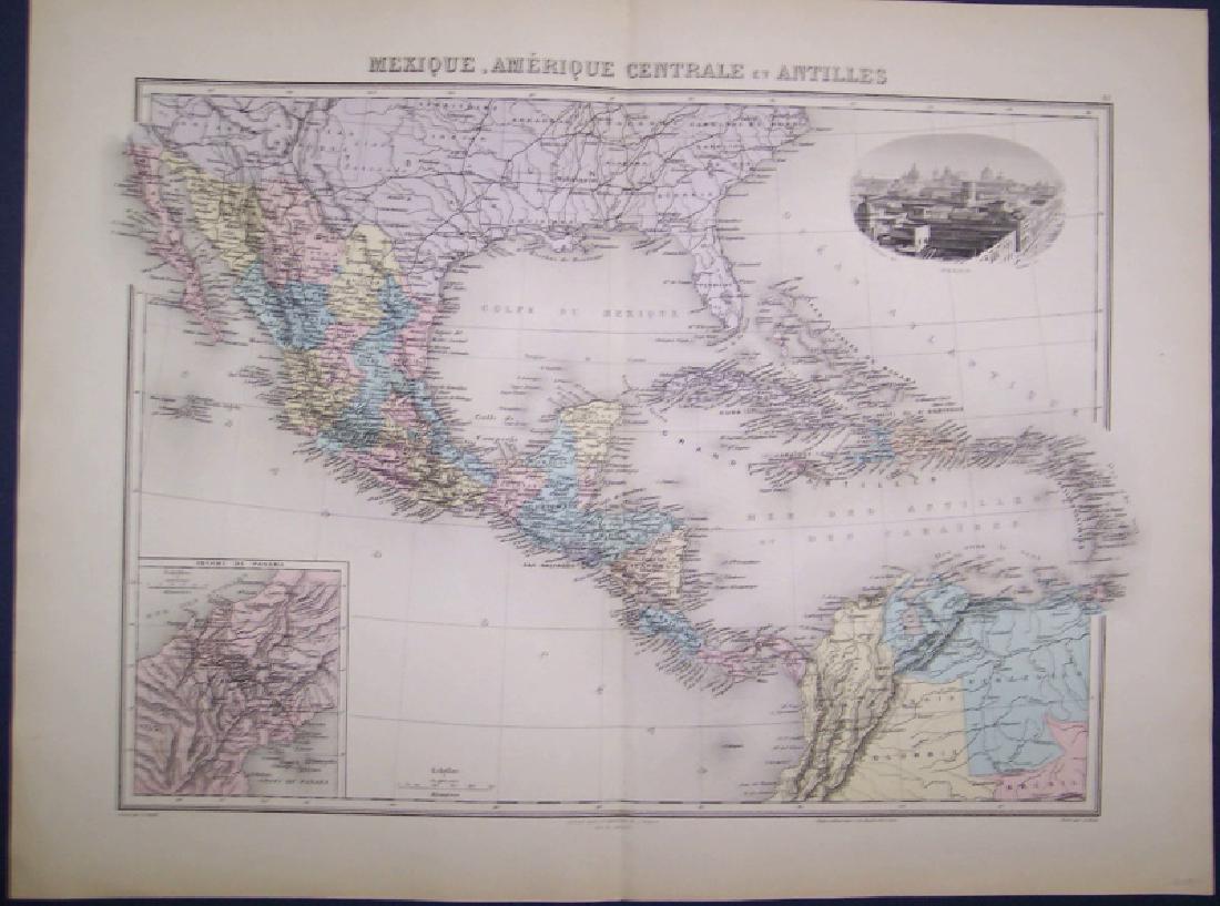 Lacoste: Antique Map of Mexico & Caribbean, 1880: Title/Content of Map: Mexique, Amerique Centrale Et Antilles Date Printed: 1880 Cartographer: LACOSTE, CH. Size: 12.3X17 Forts in U. S. include:Yuma, Bliss, Quitman, Davis, Belknap, Polk and Holmes, a