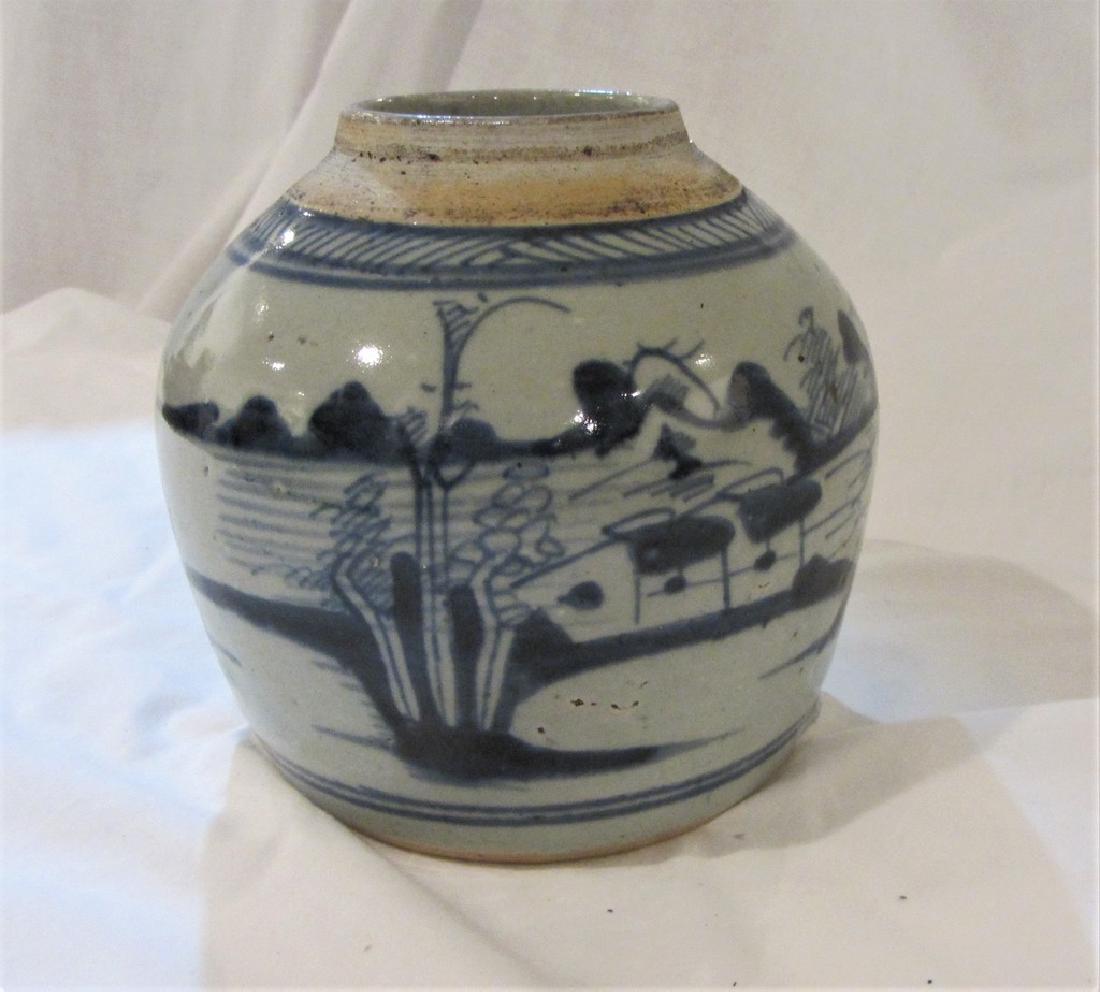 Blue Canton Earthenware Ginger Jar Pre 1899: Â Blue Canton Earthenware Ginger Jar pre 1899; fishing motif; nice condition; no cracks; small bump bottom right- made in the making- see picture of base. Size: 6" wide by 6" tall. Please note that 