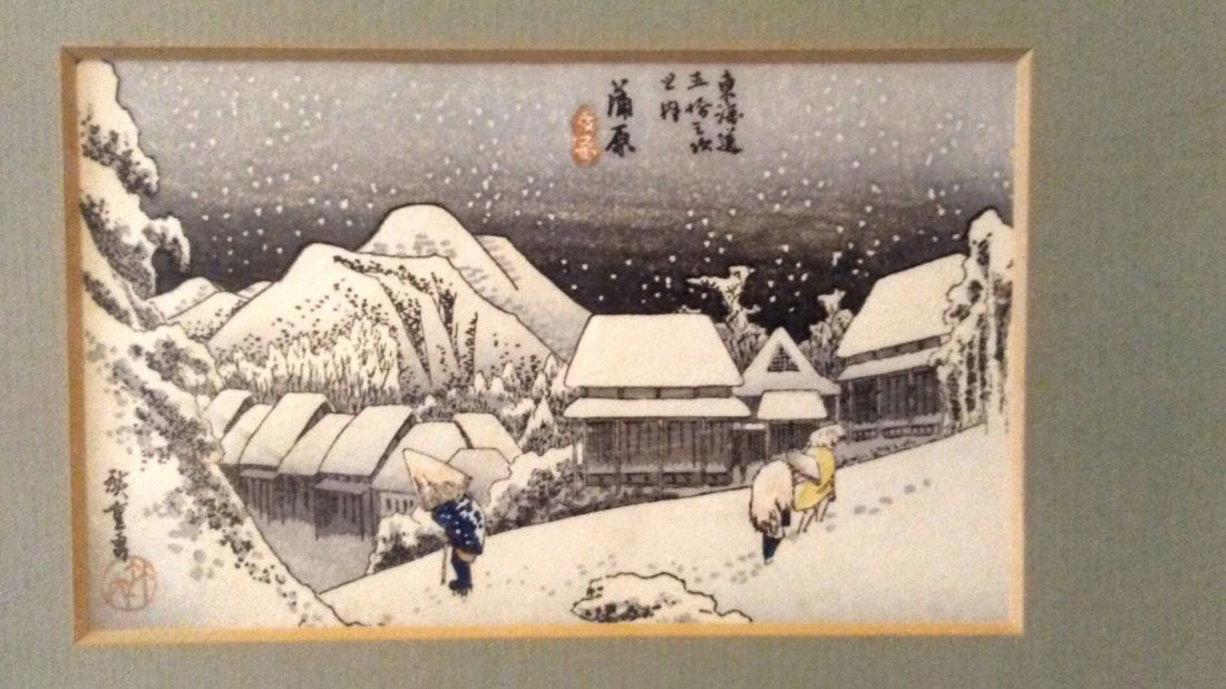 Ando Hiroshige Woodblock Kanbara Night Snow: Artist: Hiroshige Title: Kanbara Night Snow Medium: Japanese Woodblock Print Size: 5 x 3 in Utagawa Hiroshige or Ando Hiroshige (1797-1858) was a Japanese artist during the 19th century and is conside
