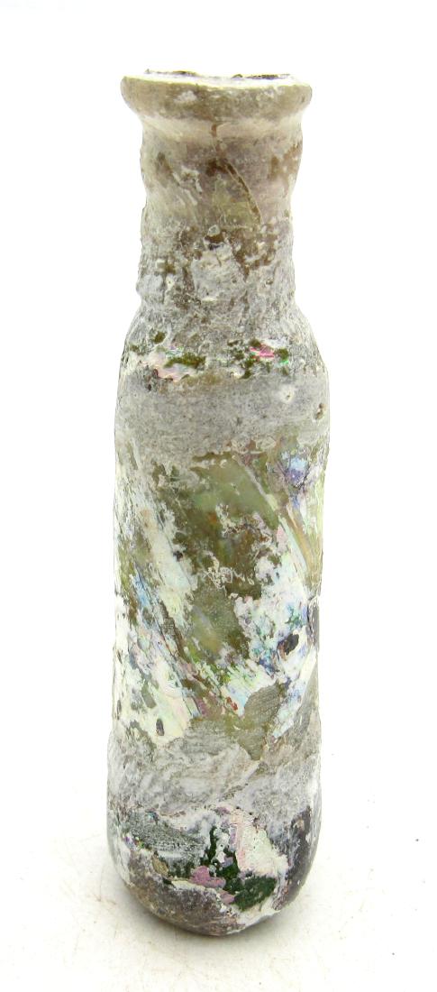 Ancient Roman/ Byzantine Glass Flask: Ancient Roman/ Byzantine Glass Flask Circa 5th – 9th c. AD Ancient Roman / Early Byzantine Glass Flask. Professionally cleaned and polished to show original details. This item includes one lifetime 