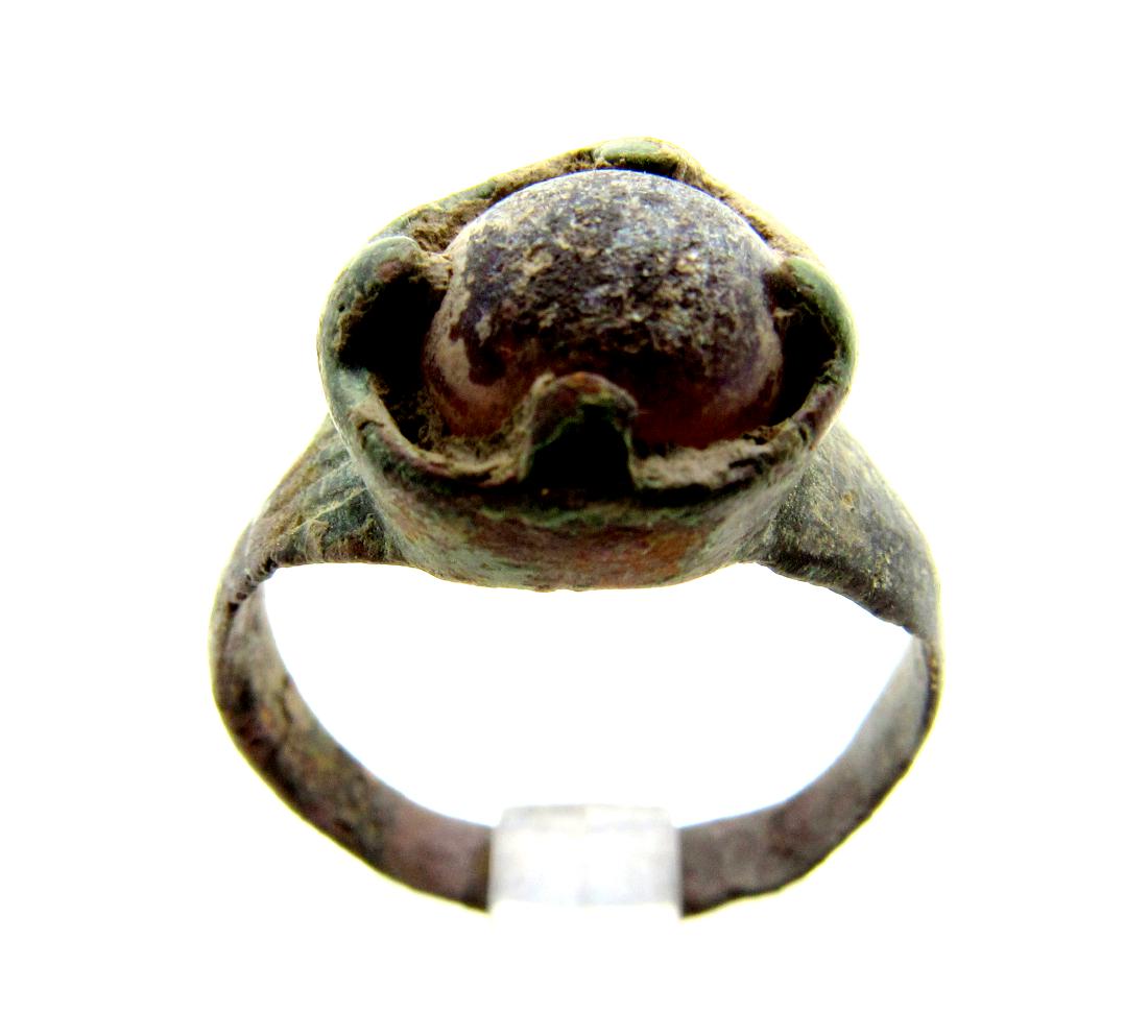 Medieval Viking Era Bronze Ring with a Red Stone (1 of 3)