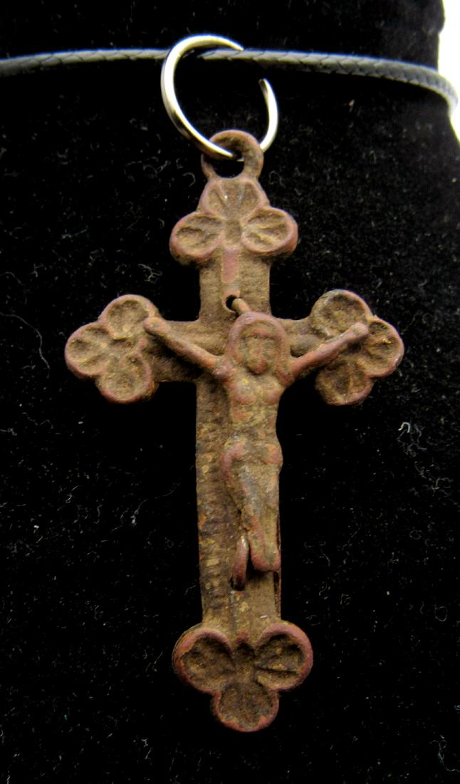 Post Medieval Bronze Decorated Cross Pendant Jesus (1 of 2)