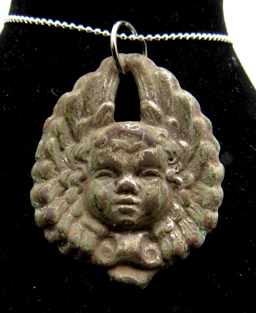 Post Medieval Silvered Bronze Cherub Face Pendant Wings (1 of 2)