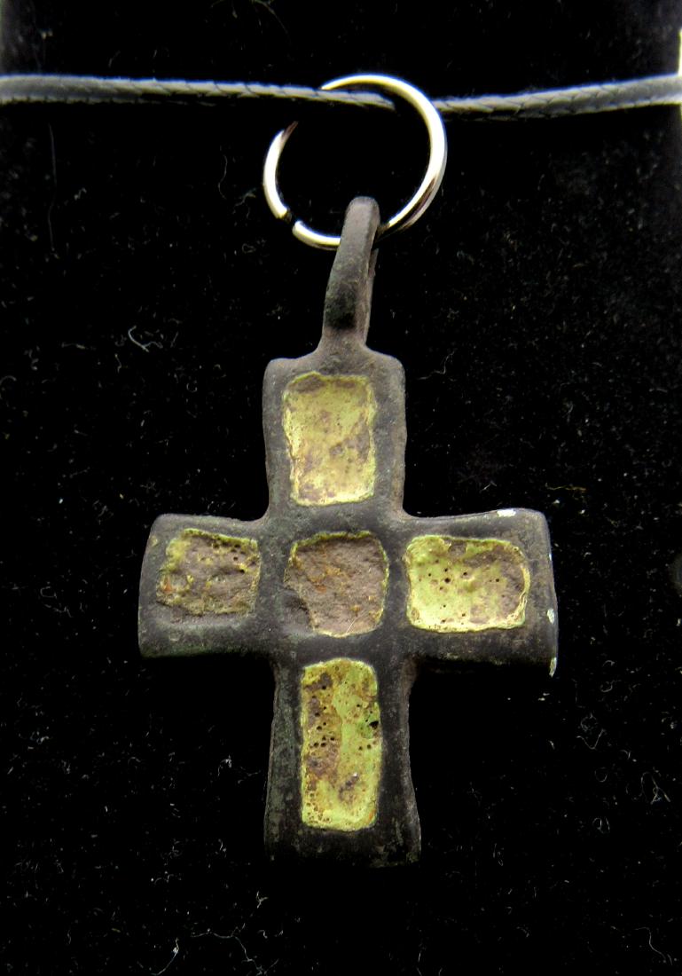 Medieval Viking Era Bronze Cross Pendant Enamel Inserts (1 of 2)