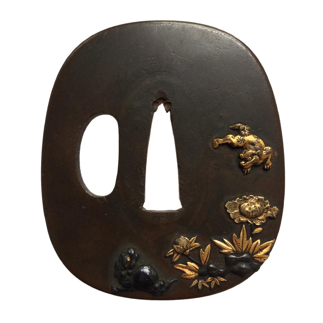 Kinko tsuba with shishi and peony motif (1 of 3)