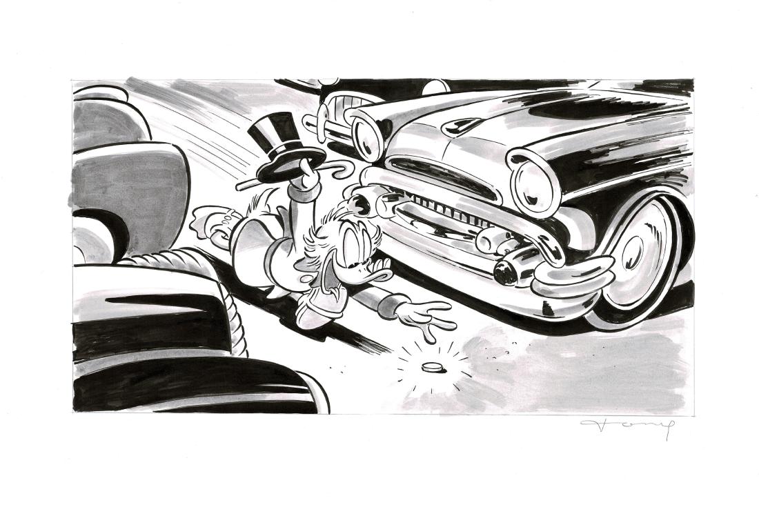 Original Watercolor - Scrooge Mc Duck Tony Fernandez: Original Watercolor - Scrooge Mc Duck Tony Fernandez Watercolor 19.7 x 13 in Disney Original watercolor of Scrooge Mc Duck in the middle of the traffic trying to get a coin. This awesome painting has 