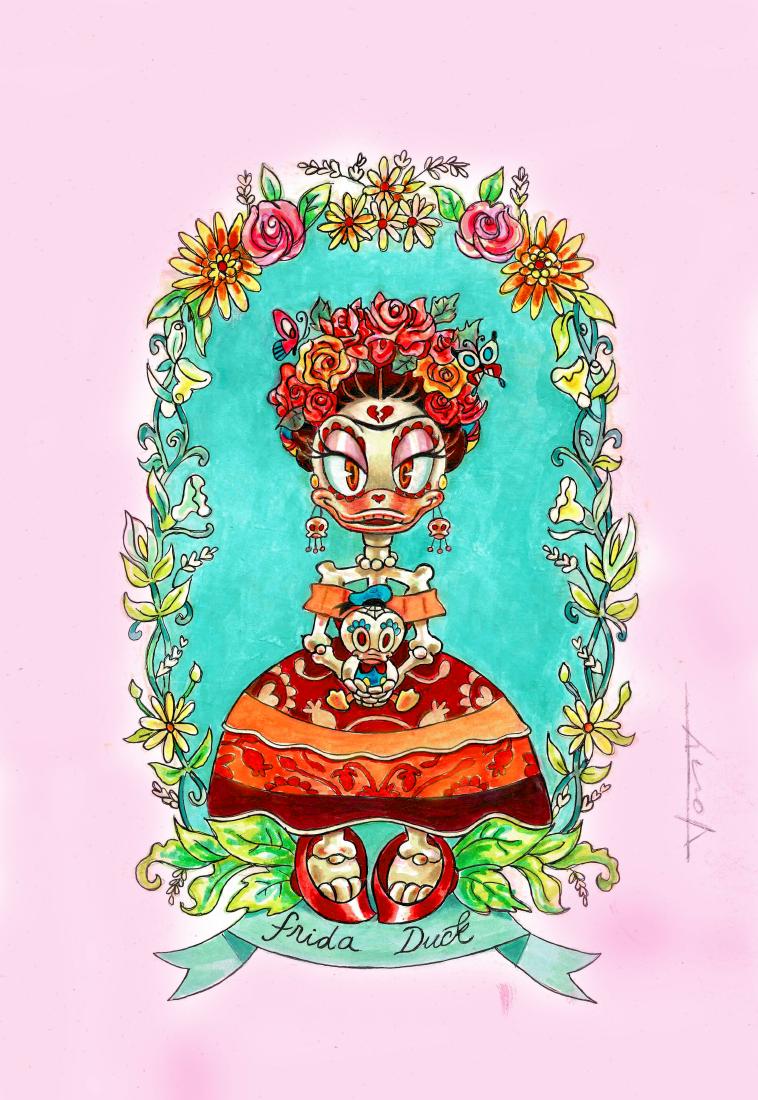 Original Painting - Frida Duck Tony Fernandez: Original Painting - Frida Duck Tony Fernandez Acrylics, Indian Ink, Varnish 17.7 x 12.6 in Disney This outstanding original painting of Daisy Duck inspired by Frida Kahlo was created by Spanish artist