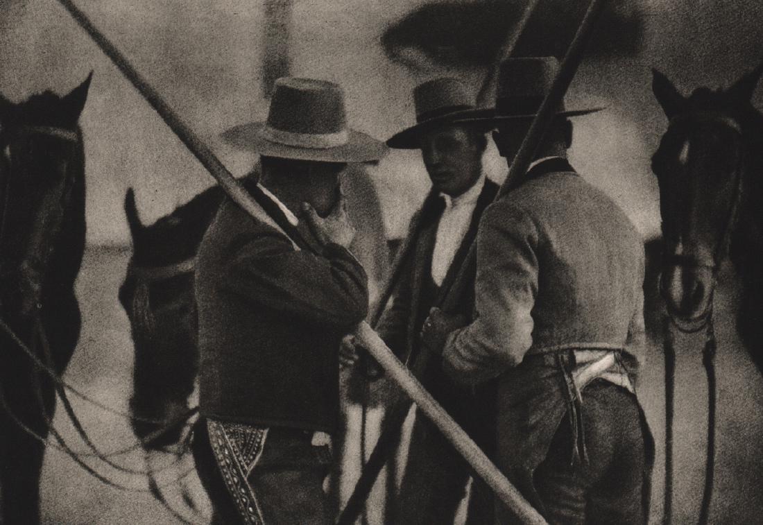 JOSE ORTIZ ECHAGUE - Garrochistas Andaluces: Artist: JOSE ORTIZ ECHAGUE Print Title: Garrochistas Andaluces Medium: Sheet-fed Gravure Printing Date: 1930 Printed in France Image Size: 9.5 x 6.5 inches Jose Ortiz Echague (1886 - 1980) was a Spani