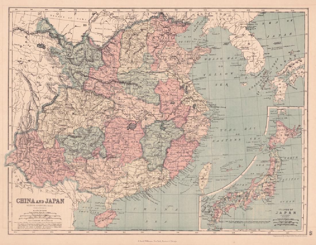 Johnston: Antique Map of China and Japan, 1873: Title/Content of Map: China and Japan Cartographer: JOHNSTON, KEITH Size: 12X16.25 by Keith Johnston, F.R.S.E. Sheet 49 from an American and French Joines and Hamilton atlas edition printed by Ferd. M