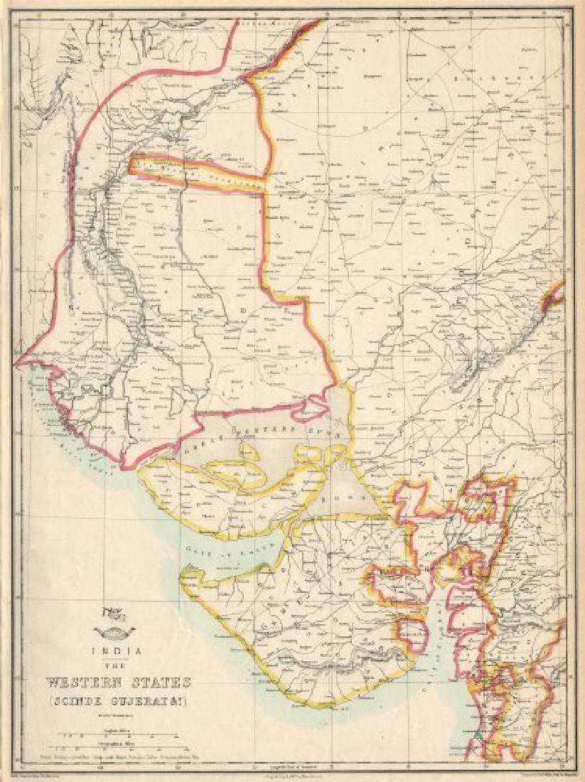 Weller: Antique Map of Western British India, 1863: TITLE/CONTENT OF MAP: 'India the Western States (Scinde Gujerat &c.)' DATE PRINTED: 1863 IMAGE SIZE: Approx 43.5 x 32.5cm, 17.25 x 12.75 inches (Large) TYPE: Antique map with original outline colour C