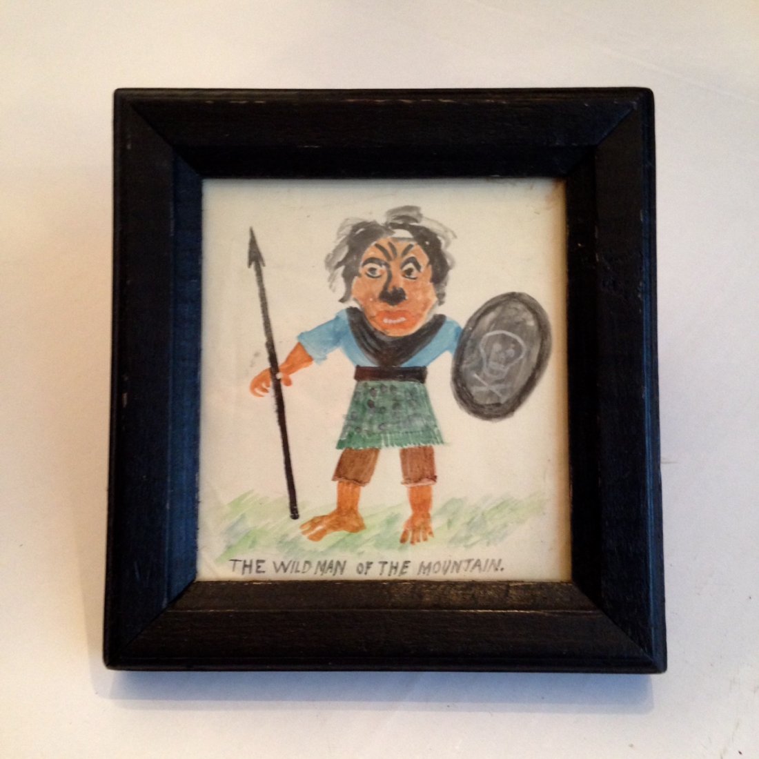 1860's Watercolor Wild Man: C1860 NYSTATE original watercolor "wild man of the mountain ". GC. Total framed size is 6 1/2" x 6". Note skull and crossbones on the shield. Please note that this lot has a confidential reserve. When