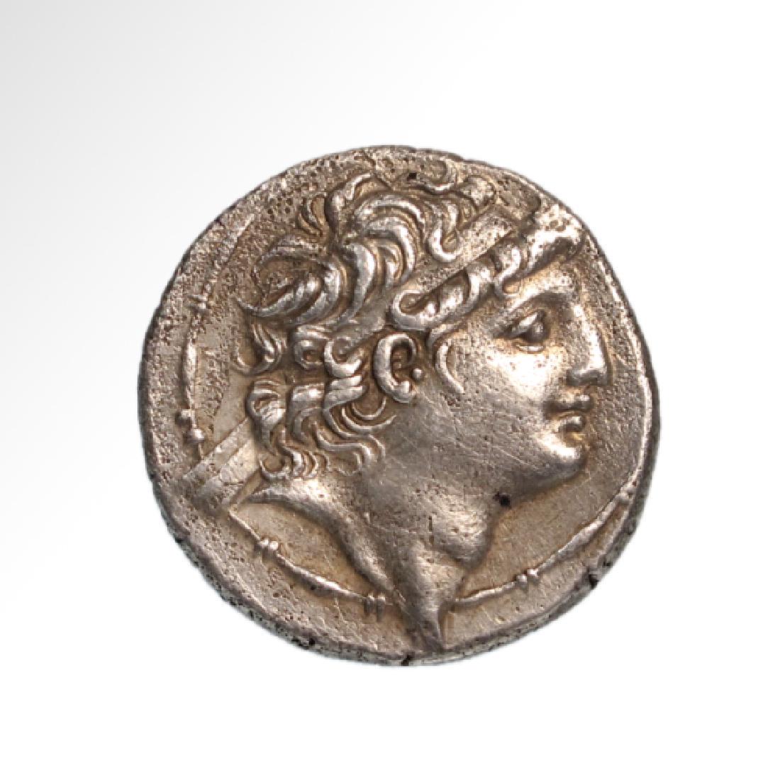 Greek Silver AR Tetradrachm Coin of Antiochos VIII: Greek Silver AR Tetradrachm Coin of Antiochos VIII Epiphanes (Grypos), Seleukid Kingdom, Syria, 121-96 B.C. Greek, c. 121-96 B.C. Obverse: diademed head of Antiochos VIII with a fillet border. Reverse