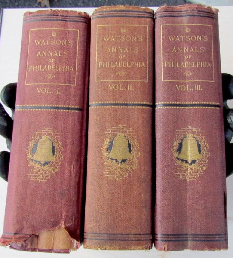 1905 Antique 3 Volumes Watson's Annals of Philadelphia: 1905 ANTIQUE 3 VOLUMES WATSON'S ANNALS OF PHILADELPHIA One volume with damaged spine, as visible on the photo. Illustrated. Size 9 3/4 by 6 1/2" Printed in Philadelphia Please note that this lot has a