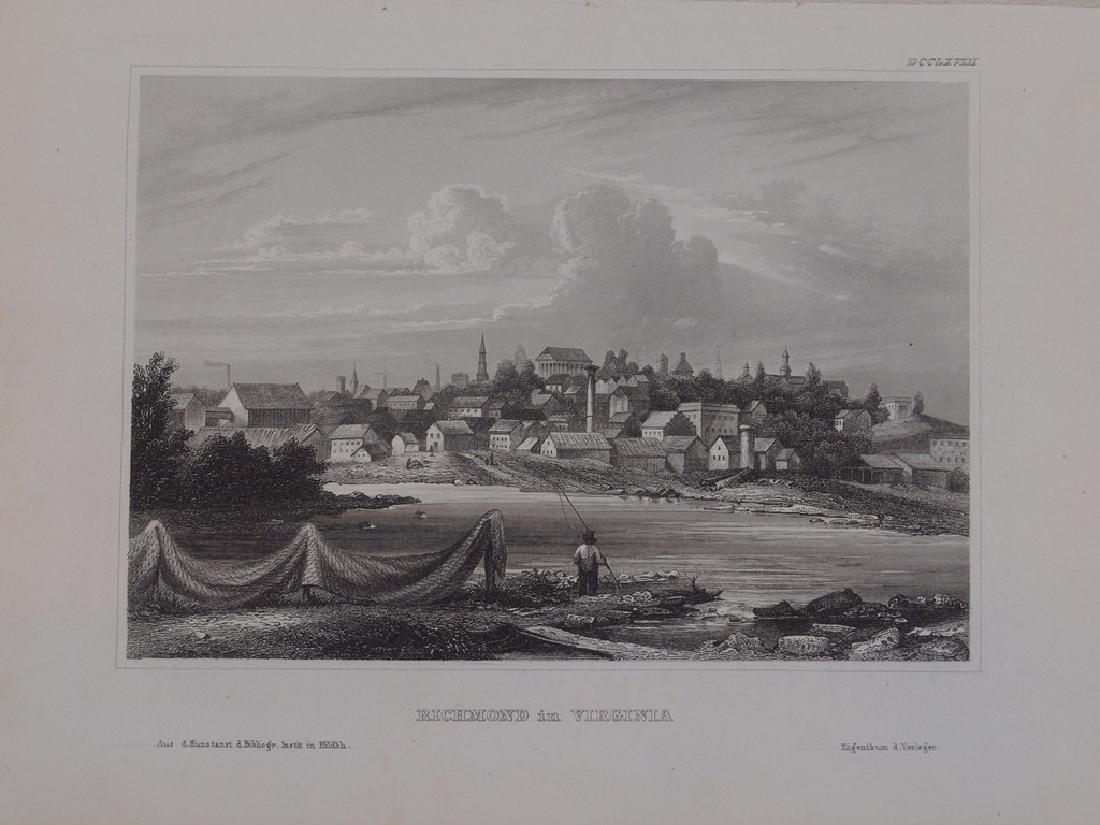 RICHMOND IN VIRGINIA Bibliograph instit. In Hildbh.: Beautiful animated view of the city of Richmond in Virginia of 1850 circa. Date: 1850 circa Atlas: Meyer s Universum 1838-1860 circa Technique: Steel etching Leaf Dimension: 15,5x23 cm (6.1x9.1 inches