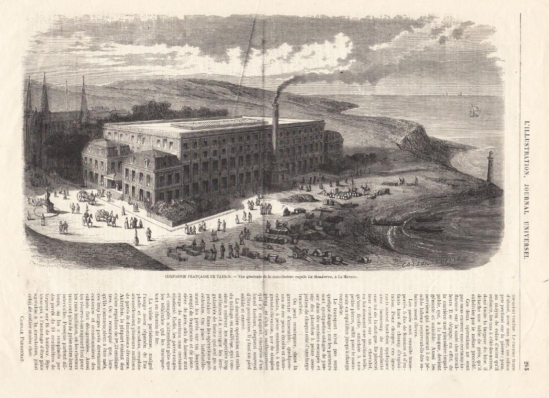 L’Illustration: Royal Tobacco Works, Havana, Cuba: Compagnie Francaise de Tabacs . . . a La Havane A fascinating view of the royal tobacco works, La Hondarez, in Havana, with tobacco being unloaded by the shore and people coming and going in front of 