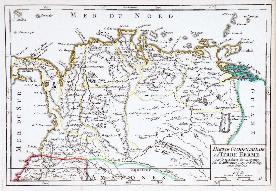 de Vaugondy: Northwestern South America/Panama, 1749: Partie Occidentale de la Terre Ferme An attractive, detailed map of the northwestern part of South America encompassing part of present day Panama, Colombia and Venezuela, by one of the leading French