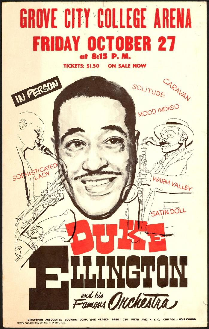 Rare 1961 Duker Ellington Poster: Title: Rare 1961 Duker Ellington Poster Printing Date: 1967 Medium: Lithograph Size/Format: 14 ?" x 22 ?" A thin cardboard poster for a Oct. 27, 1961 concert that took place at the Grove City College 