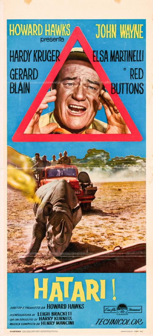 Hatari John Wayne Italian Locandina: This is a 12.5" x 27.5" Italian locandina for the 1962 Howard Hawks film Hatari based on a story by Harry Kurnitz, screenplay by Leigh Brackett and starring John Wayne as Sean Mercer. Plot summary: Se