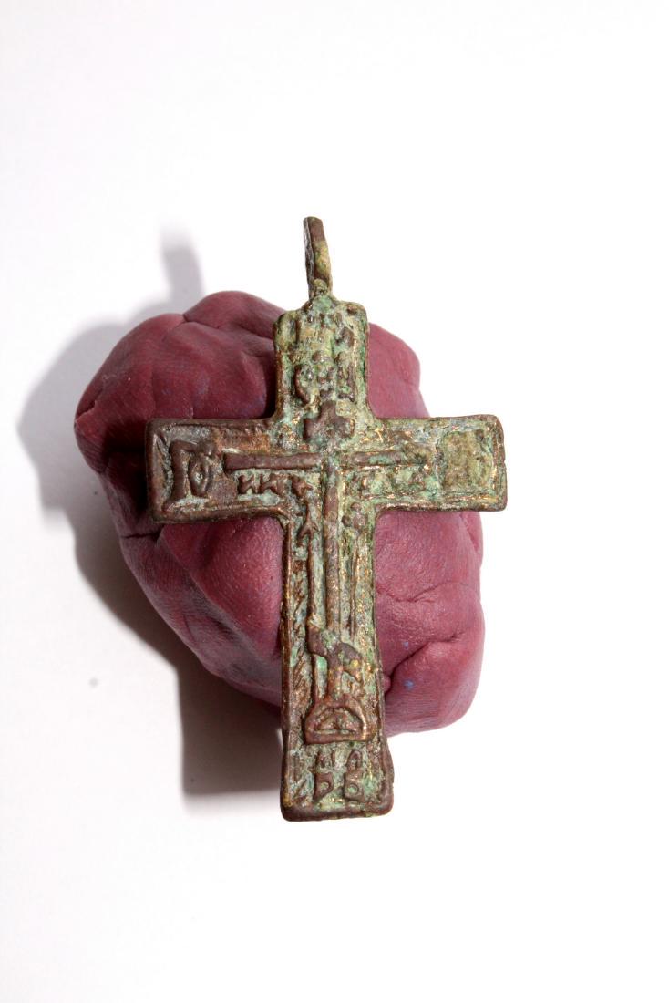Post-Medieval Bronze Orthodox Cross Pendant: Post-Medieval bronze orthodox cross pendant - 49x30 mm Origin: European Period: 18 th-19 th century AD Materials: bronze, remnants of gilding Size: 49x30 mm place of discovery - Ukraine, Ukrainian pri