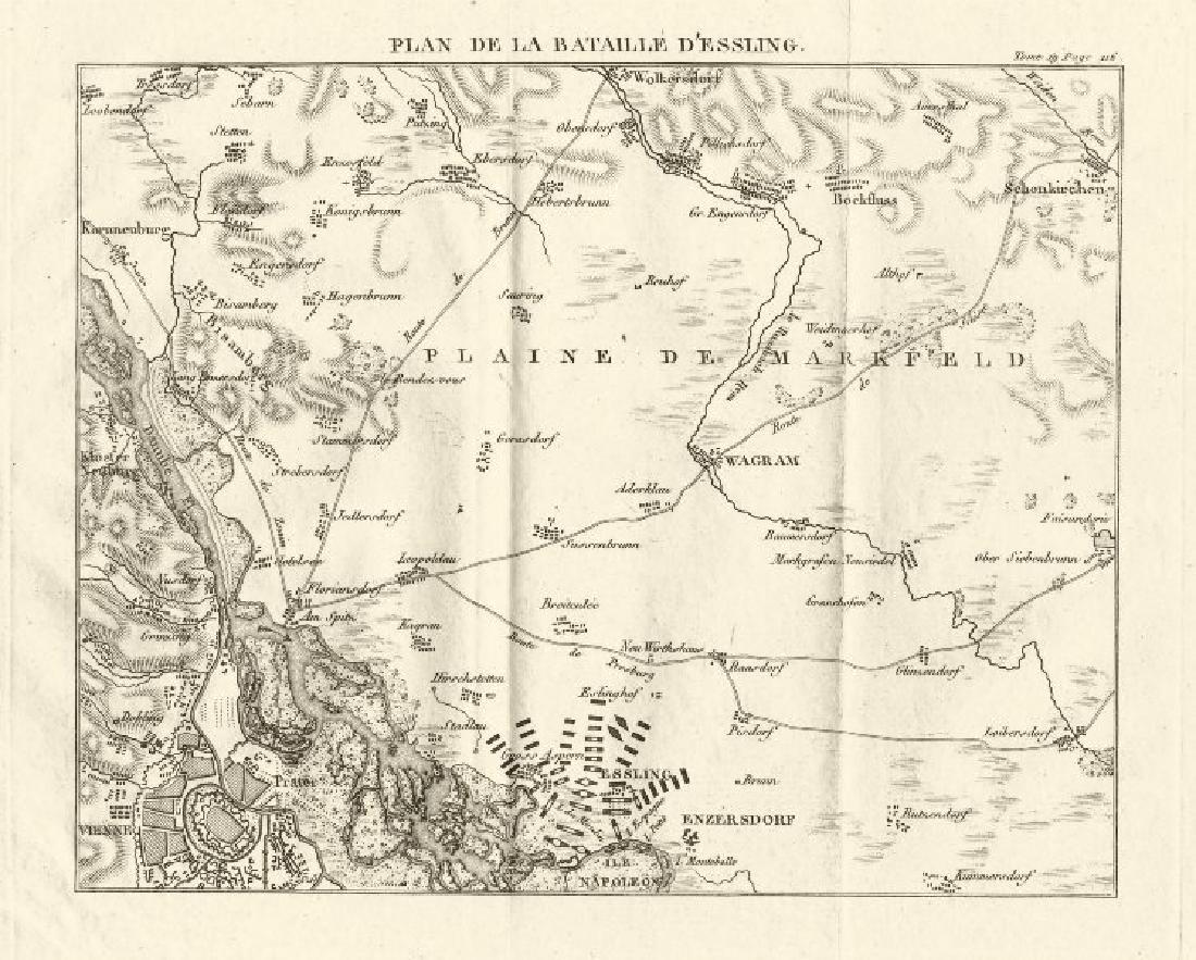 Battle of Aspern-Essling 1809. Vienna Austria. War of: TITLE/CONTENT OF MAP: 'Plan de la Bataille D'essling' DATE PRINTED: 1820 IMAGE SIZE: Approx 18.5 x 22.5cm, 7.25 x 8.75 inches (Medium); Please note that this is a folding map. TYPE: Antique copperplat