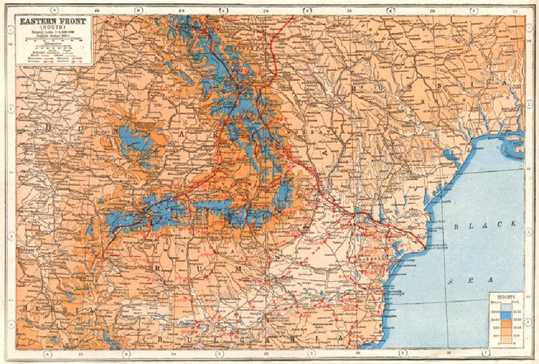 WW1 EASTERN FRONT.Romania Hungary Ukraine Moldova: TITLE/CONTENT OF MAP: 'Eastern Front (South)' DATE PRINTED: 1920 IMAGE SIZE: Approx 22.0 x 32.5cm, 8.5 x 12.75 inches (Large) TYPE: Vintage colour map; Scale 1:3,000,000 CONDITION: Good; suitable for 