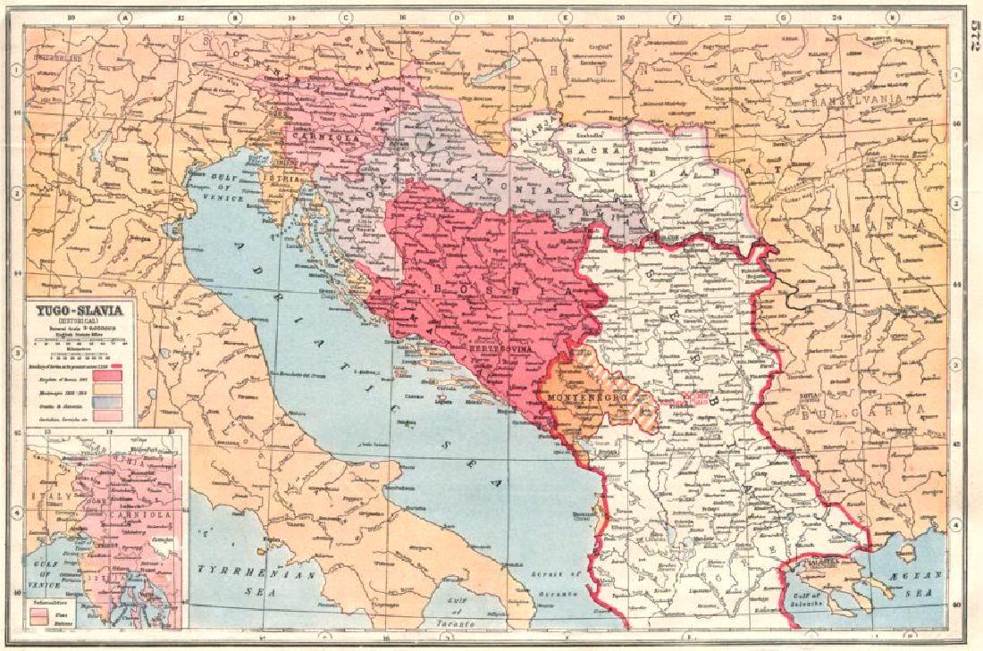 BALKANS.Yugoslavia Historical; Bosnia Serbia Montenegro;: TITLE/CONTENT OF MAP: 'Yugo - Slavia (Historical); Insert map of Gulf of Venice' DATE PRINTED: 1920 IMAGE SIZE: Approx 21.5 x 32.5cm, 8.5 x 12.75 inches (Large) TYPE: Vintage colour map; Scale 1:4,000